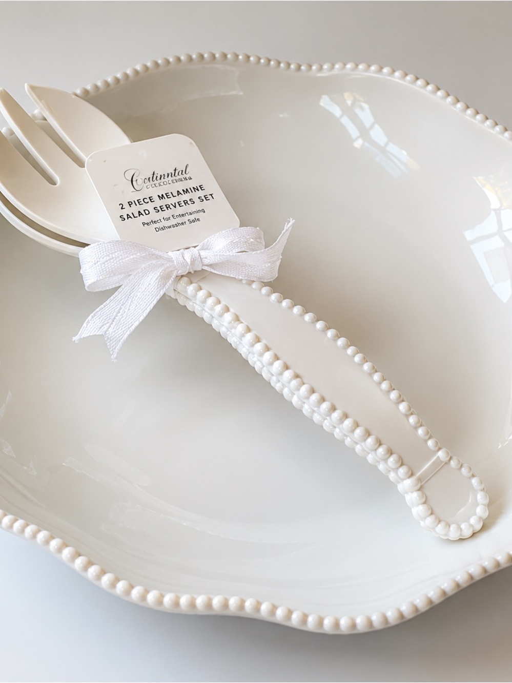 White Bead-Edge plastic salad Bowl with Matching Server